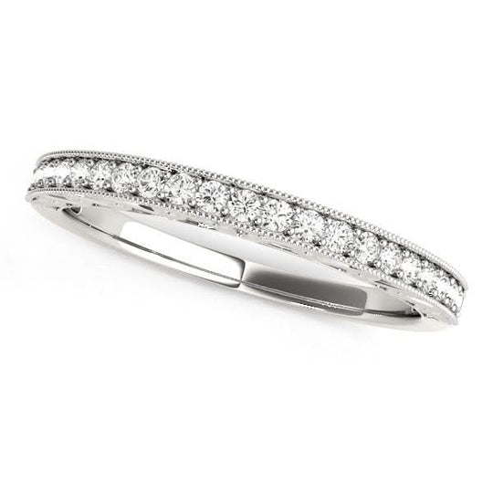 14K white gold ring with round diamond stones and milgrain border