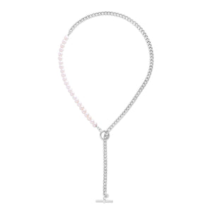 Sterling Silver Rhodium Plated Freshwater Pearl Paperclip toggle Necklace