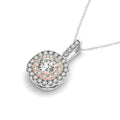 14K rose and white gold necklace with cushion halo diamond stones