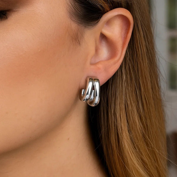 Sterling Silver Double Row Big and Small Hoop Earrings
