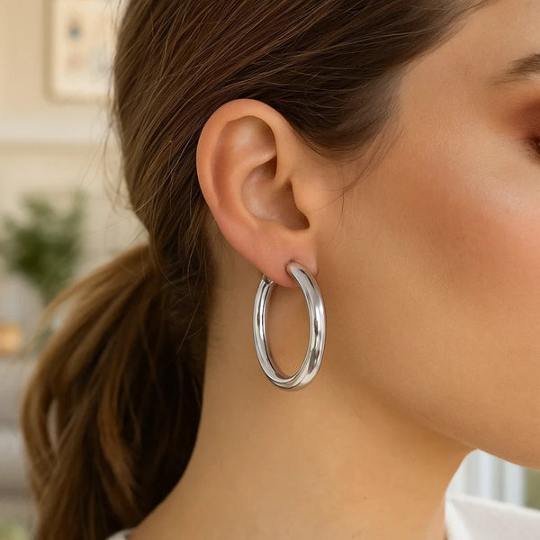 Sterling Silver Thick Rhodium Plated Polished Hoop Style Earrings (4x35mm)