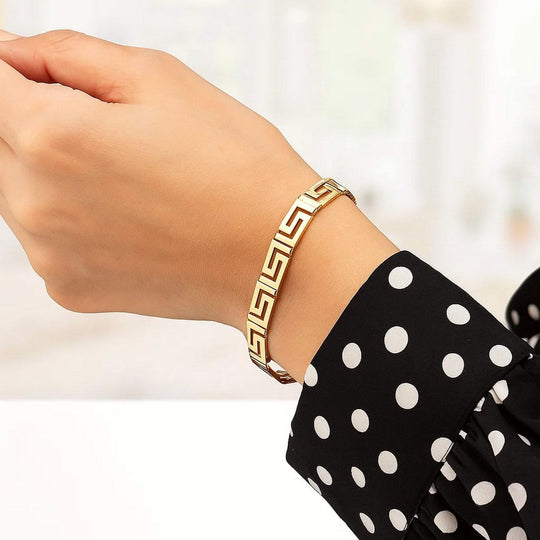14K yellow gold Greek key motif bracelet, 6.35 mm wide woven links