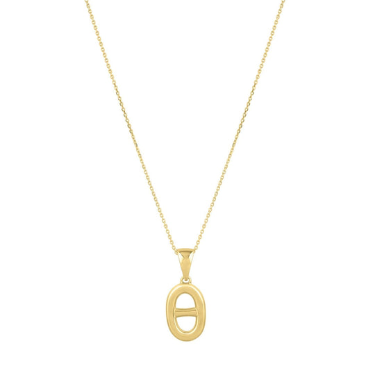14K yellow gold puff mariner link necklace with polished barred oval links