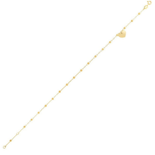 14K Yellow Gold Dangle Heart and Bead Station Anklet