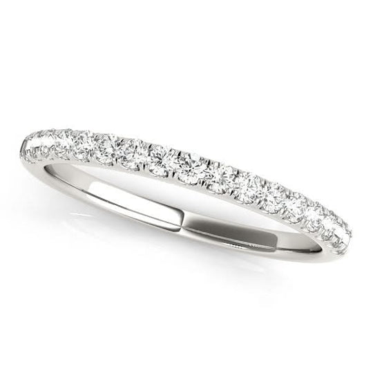 14K white gold wedding band with row of round diamond stones in scallop setting