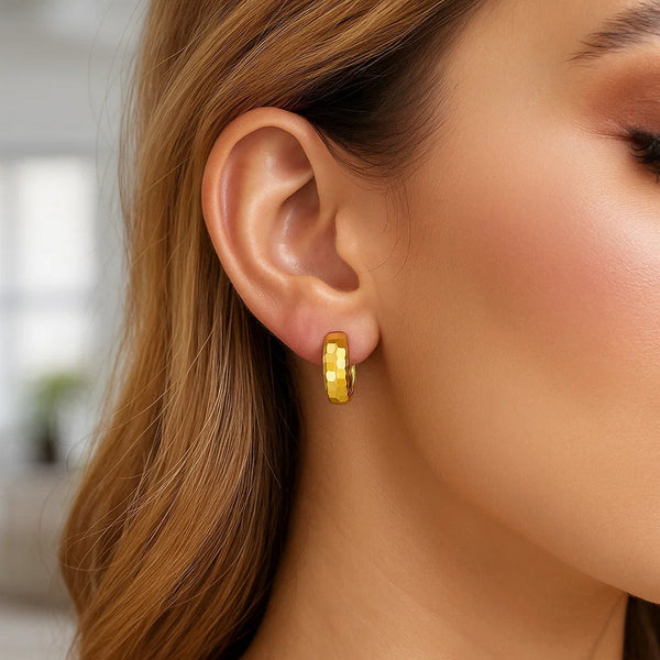14K Yellow Gold Checkerboard Huggie Hoop Earrings