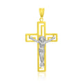14K two-tone gold cross pendant with raised center figure