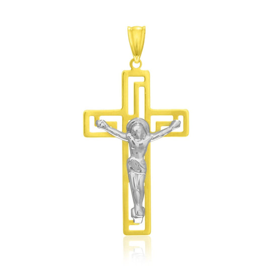 14K two-tone gold cross pendant with raised center figure
