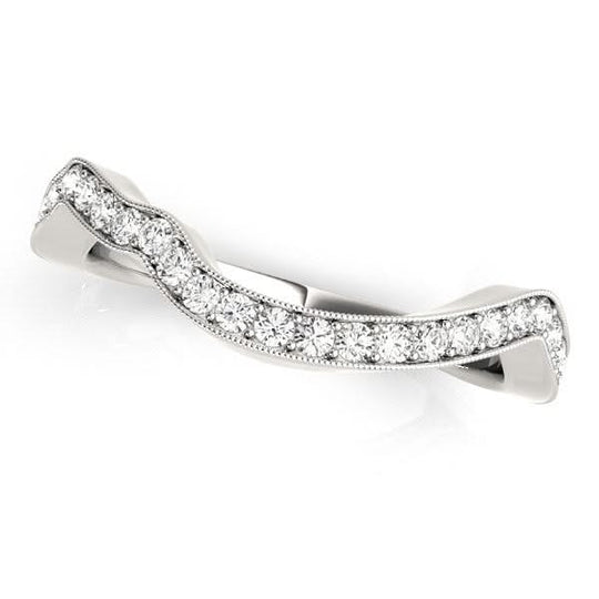 14K white gold wedding band with channel-set round diamond stones and milgrain edge