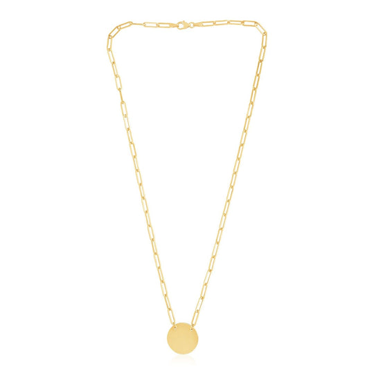 14K yellow gold circle disc paperclip link necklace with high polish finish