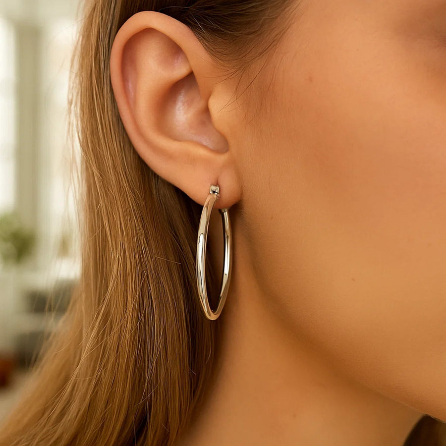Sterling Silver Rhodium Plated Large Polished Classic Hoop Earrings (40mm)