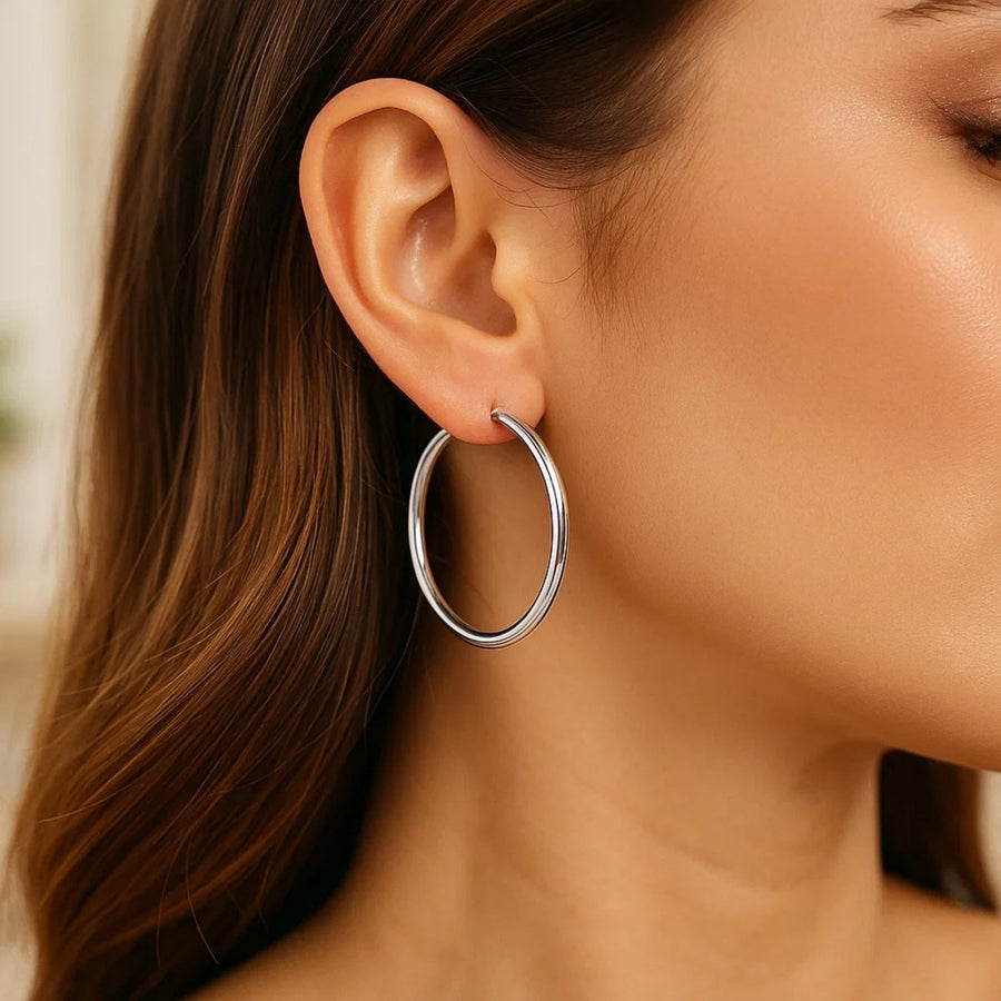 Sterling Silver Rhodium Plated Large Polished Classic Hoop Earrings (40mm)
