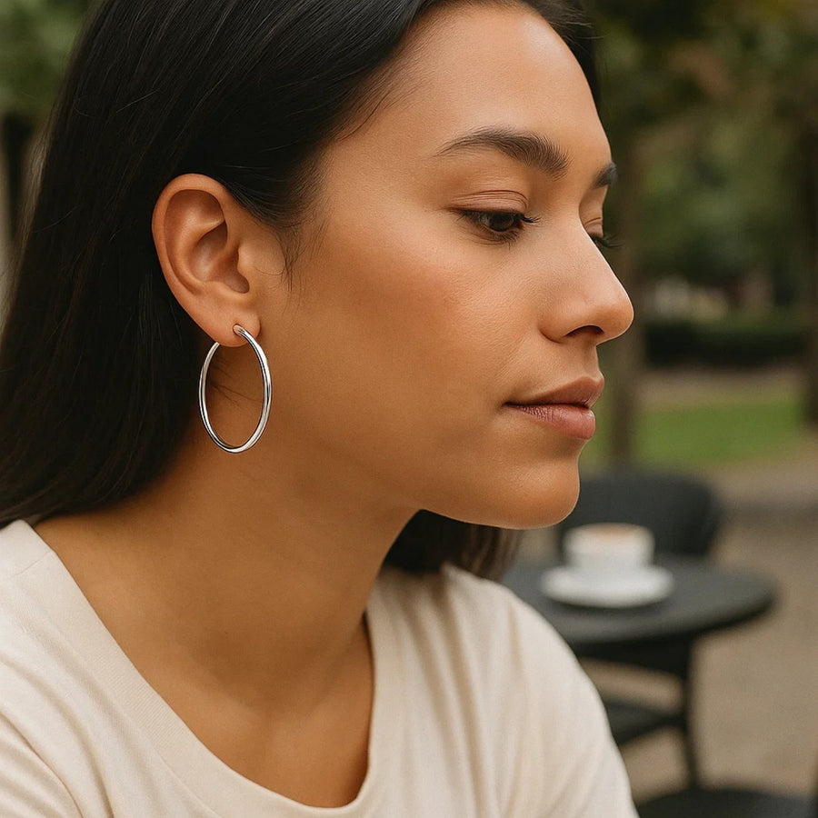 Sterling Silver Rhodium Plated Large Polished Classic Hoop Earrings (40mm)