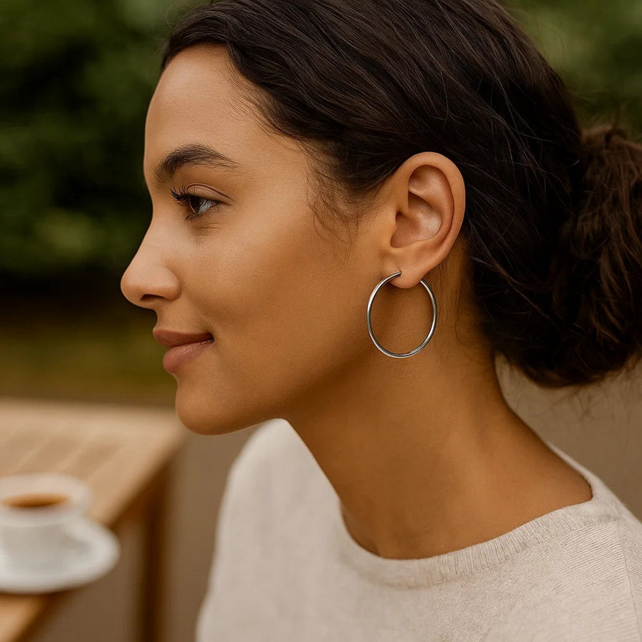 Sterling Silver Rhodium Plated Large Polished Classic Hoop Earrings (40mm)