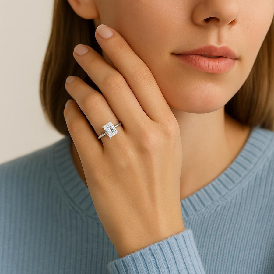 3 Carat Emerald Lab Grown IGI G/VS1 Diamond Solitaire Ring in 14K White Gold