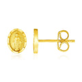 14K yellow gold oval religious medallion post earrings with engraved face