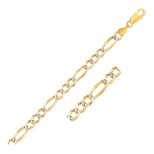 14K Yellow Two Tone Solid Pave Figaro Bracelet (7.00 mm)