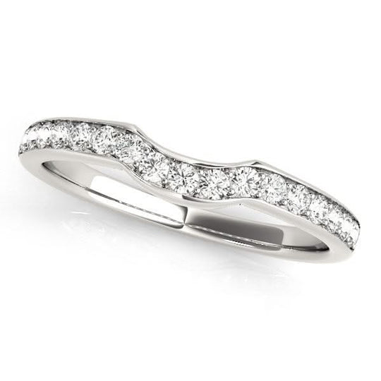 14K white gold curved wedding ring with round diamond stones