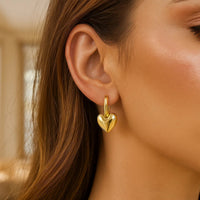 14K Yellow Gold Puffy Heart Dangle Huggie Hoops Earrings