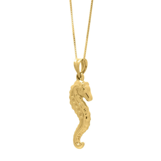 10K yellow gold seahorse pendant necklace with textured coiled tail