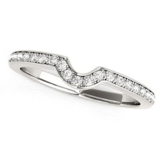 14K white gold wedding band with curved prong-set diamond stones