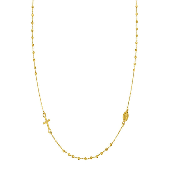 14K yellow gold rosary necklace with beaded strand and cross pendant