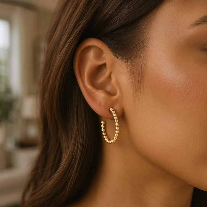 14K Yellow Gold Bead Hoop Earrings(2x23.4mm)