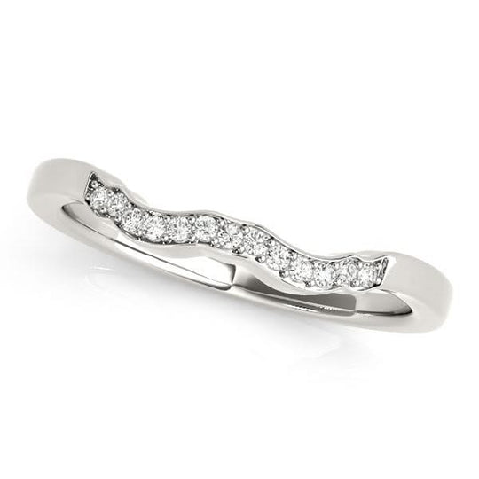 14K white gold wavy wedding ring with row of round diamond stones