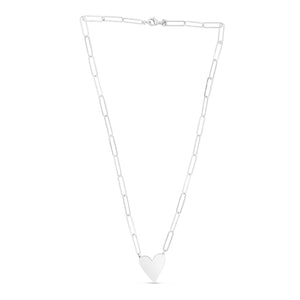 Sterling Silver Rhodium Plated Heart Paperclip Link Necklace