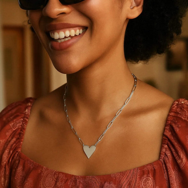 Sterling Silver Rhodium Plated Heart Paperclip Link Necklace