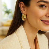 14K Yellow Gold Polished Puffed Ribbed Hoop Earrings thumbnail 2