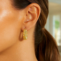 14K Yellow Gold Polished Puffed Ribbed Hoop Earrings