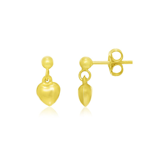 14k Yellow Gold Puffed Heart childrens Dangling Earrings