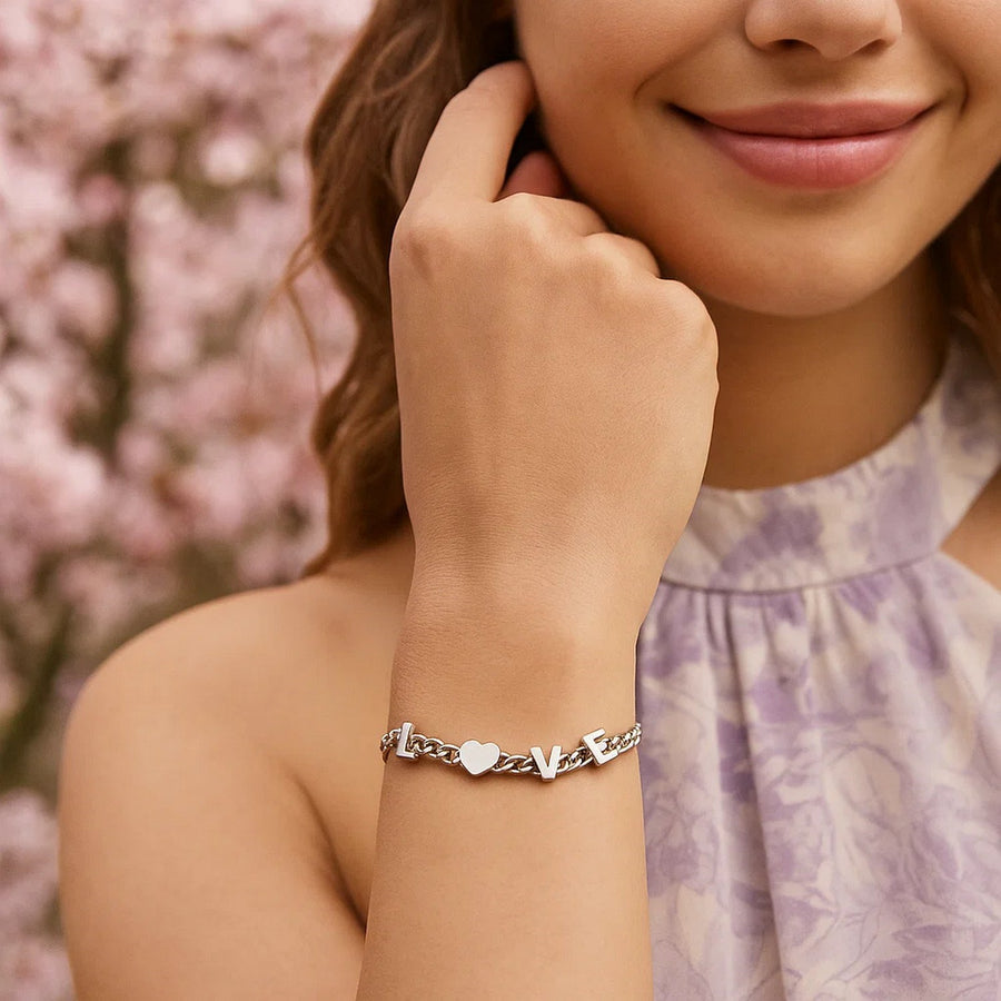 Sterling Silver Rhodium Plated Love Chain Bracelet