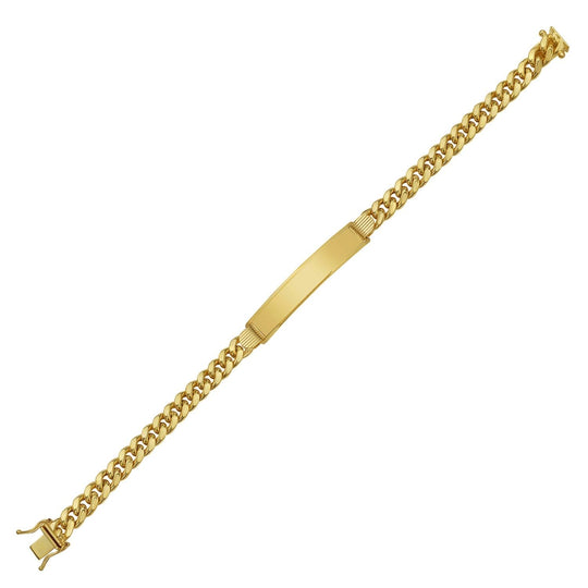 14K yellow gold Cuban ID bracelet with 6.60 mm flat links and engravable plate