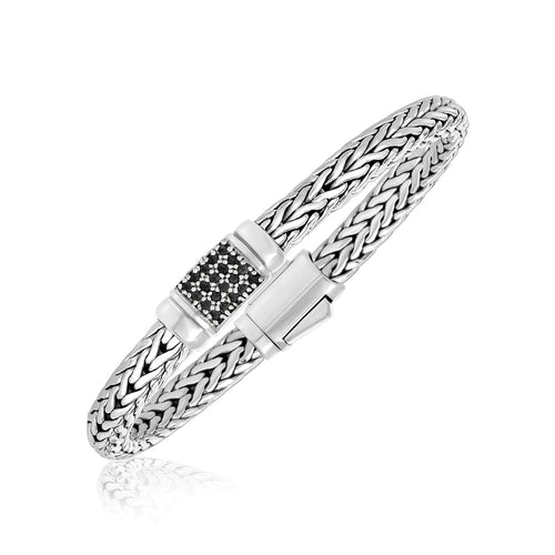 Sterling Silver Weave Style Bracelet with Black Sapphire Accents (7.10 mm)