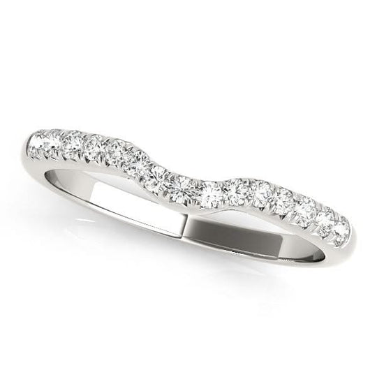 14K white gold curved wedding band with pave round diamond stones