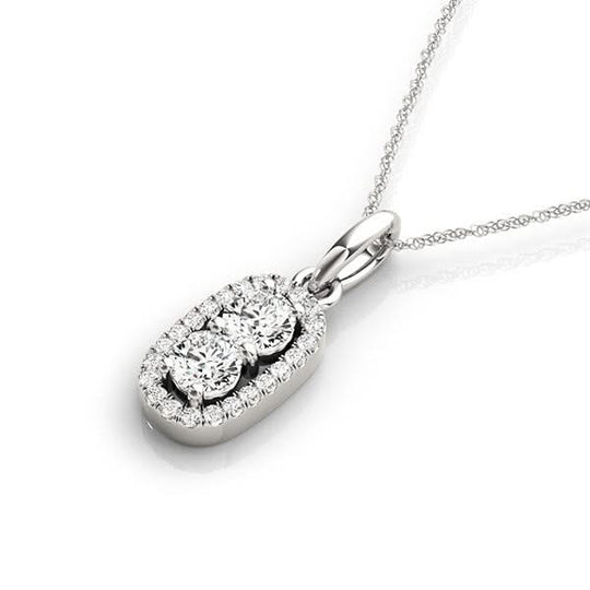 14K white gold necklace with 2 oval diamond stones in open oval frame