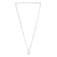 Sterling Silver Rhodium Plated Lock Paperclip Link Necklace