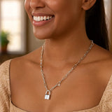 Sterling Silver Rhodium Plated Lock Paperclip Link Necklace thumbnail 4