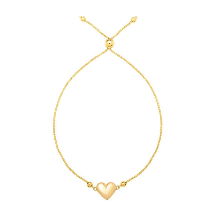 Adjustable Puffed Heart Draw String Bracelet in 14K Yellow Gold