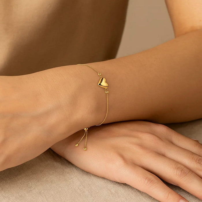 Adjustable Puffed Heart Draw String Bracelet in 14K Yellow Gold