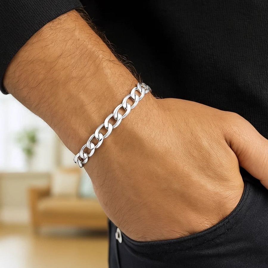 Rhodium Plated 7.9mm Sterling Silver Curb Style Bracelet