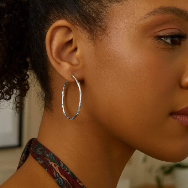 Sterling Silver Rhodium Plated Bamboo Hoop Earrings