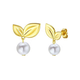 Pearl Drop Earrings with Cherry Leaf in 14K Yellow Gold thumbnail 1