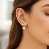Pearl Drop Earrings with Cherry Leaf in 14K Yellow Gold thumbnail 2