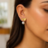 Pearl Drop Earrings with Cherry Leaf in 14K Yellow Gold thumbnail 3