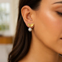 Pearl Drop Earrings with Cherry Leaf in 14K Yellow Gold
