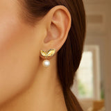 Pearl Drop Earrings with Cherry Leaf in 14K Yellow Gold thumbnail 4