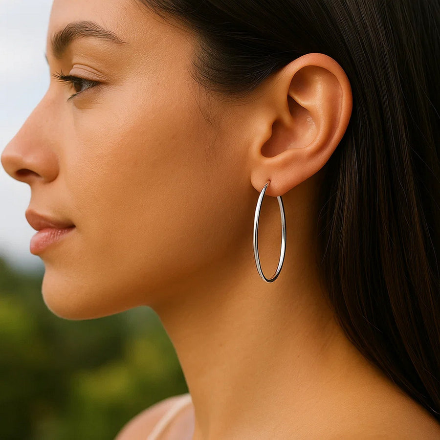14k White Gold Slim Oval Shape Hoop Earrings